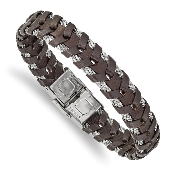 Stainless Steel Polished Wire and Brown Leather 8.25in Bracelet