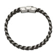 Stainless Steel Polished Braided Black Leather and Wire 8.25in Bracelet