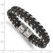 Stainless Steel Polished Braided Black Leather and Wire 8.25in Bracelet