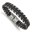 Stainless Steel Polished Braided Black Leather and Wire 8.25in Bracelet