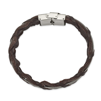 Stainless Steel Polished Brown Leather and Wire Braided 8.5in Bracelet