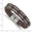 Stainless Steel Polished Brown Leather and Wire Braided 8.5in Bracelet