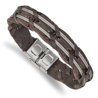 Stainless Steel Polished Brown Leather and Wire Braided 8.5in Bracelet