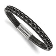 Stainless Steel Polished Wire and Black Leather 8.75in Bracelet