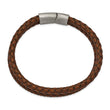 Stainless Steel Brushed Brown Leather 2 row Braided 8in Bracelet