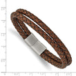 Stainless Steel Brushed Brown Leather 2 row Braided 8in Bracelet