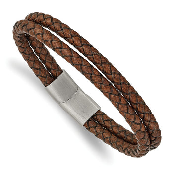 Stainless Steel Brushed Brown Leather 2 row Braided 8in Bracelet