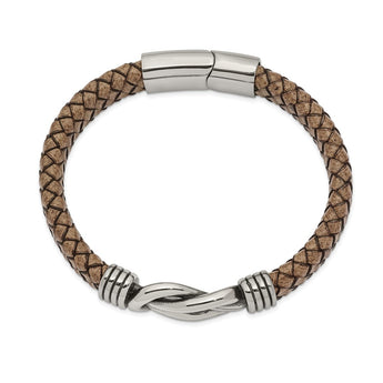 Stainless Steel Antiqued and Polished Tan Leather 8in Bracelet