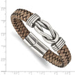 Stainless Steel Antiqued and Polished Tan Leather 8in Bracelet