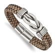 Stainless Steel Antiqued and Polished Tan Leather 8in Bracelet