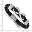 Stainless Steel Brushed Infinity Symbol Black Leather 8in Bracelet