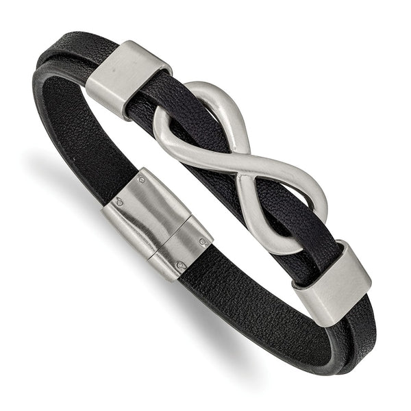 Stainless Steel Brushed Infinity Symbol Black Leather 8in Bracelet