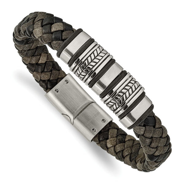 Stainless Steel Brushed Polished & Antiqued Leather w/Silicone Bracelet