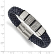 Stainless Steel Antiqued & Polished Blue Leather w/Silicone 8.25in Bracelet