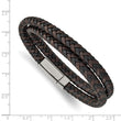 Stainless Steel Polished Brown/Black Leather Braided 15.75in Wrap Bracelet