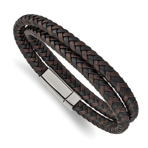 Stainless Steel Polished Brown/Black Leather Braided 15.75in Wrap Bracelet