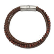 Stainless Steel Polished with Tiger's Eye Brown Leather 8.25in Bracelet