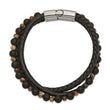 Stainless Steel Polished w/Tiger's Eye/Black Agate Leather 8.25in Bracelet