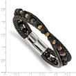 Stainless Steel Polished w/Tiger's Eye/Black Agate Leather 8.25in Bracelet
