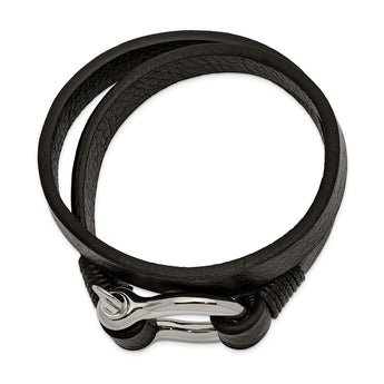 Stainless Steel Polished Textured Black Leather 16in Wrap Shackle Bracelet