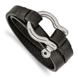 Stainless Steel Polished Textured Black Leather 16in Wrap Shackle Bracelet