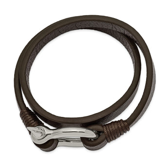 Stainless Steel Polished Brown Leather 16in Wrap Shackle Bracelet