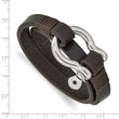 Stainless Steel Polished Brown Leather 16in Wrap Shackle Bracelet