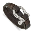 Stainless Steel Polished Brown Leather 16in Wrap Shackle Bracelet