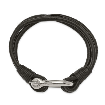 Stainless Steel Polished Black Leather Multi Strand 8.5in Shackle Bracelet