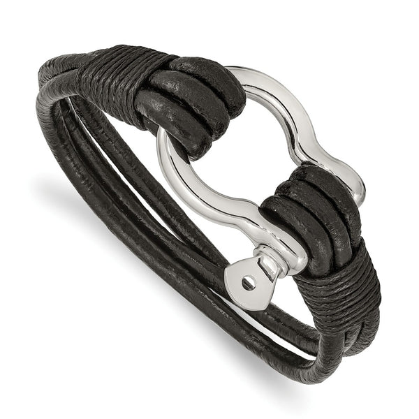Stainless Steel Polished Black Leather Multi Strand 8.5in Shackle Bracelet