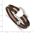 Stainless Steel Polished DarkBrown/Tan Leather MultiStrand Shackle Bracelet