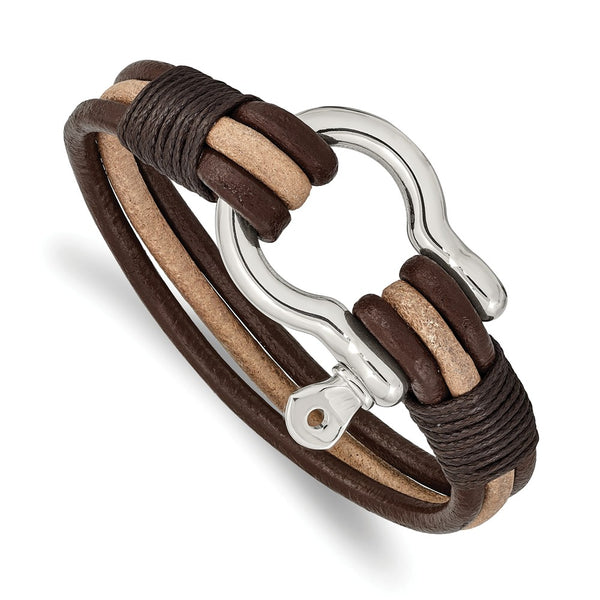 Stainless Steel Polished DarkBrown/Tan Leather MultiStrand Shackle Bracelet