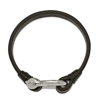 Stainless Steel Polished Black Leather 8.25in Shackle Bracelet