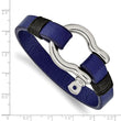 Stainless Steel Polished Black and Blue Leather 8.25in Shackle Bracelet