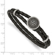 Stainless Steel Brushed Lasered Compass Black Leather 8.5in Bracelet