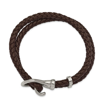 Stainless Steel Polished Braided Brown Leather 8in Bracelet