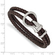 Stainless Steel Polished Braided Brown Leather 8in Bracelet