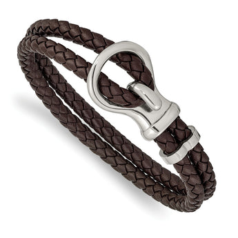 Stainless Steel Polished Braided Brown Leather 8in Bracelet