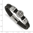 Stainless Steel Antiqued & Polished Black Leather w/Rubber 8.25in Bracelet