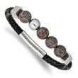 Stainless Steel Polished w/Labradorite Black Leather 8.5in Bracelet