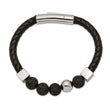 Stainless Steel Polished w/Lava Stone Black Leather 8in Bracelet