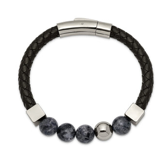 Stainless Steel Polished w/Snowflake Obsidian Black Leather 8in Bracelet