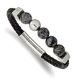Stainless Steel Polished w/Snowflake Obsidian Black Leather 8in Bracelet