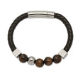 Stainless Steel Polished w/Tiger's Eye Beads Black Leather 8in Bracelet