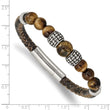 Stainless Steel Antiqued and Polished Tiger's Eye Leather 8.5in Bracelet