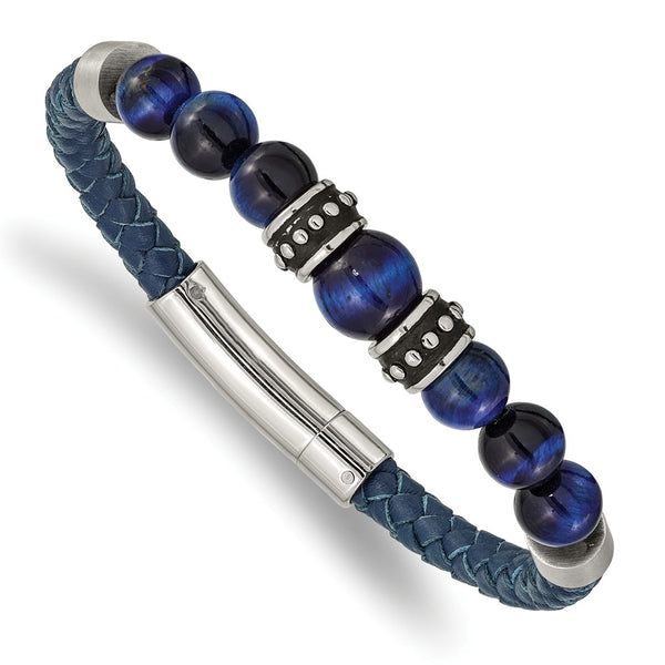 Stainless Steel Antiqued and Polished Blue Tiger's Eye Leather Bracelet