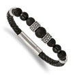 Stainless Steel Antiqued and Polished Black Agate Leather 8.25in Bracelet