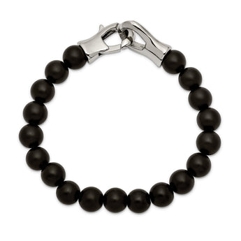 Stainless Steel Polished Black Agate Beads 9in Bracelet