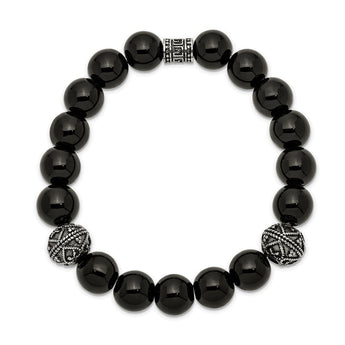 Stainless Steel Antiqued and Polished Black Agate Beaded Stretch Bracelet