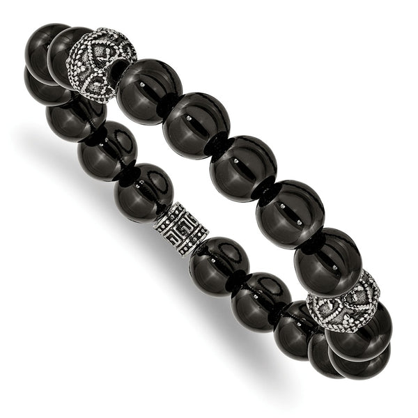Stainless Steel Antiqued and Polished Black Agate Beaded Stretch Bracelet